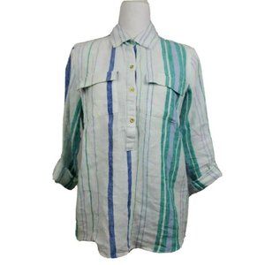 Ellen Tracy Shirt Pop Over White Blue Stripe Roll Tab Sleeve 100% Linen …